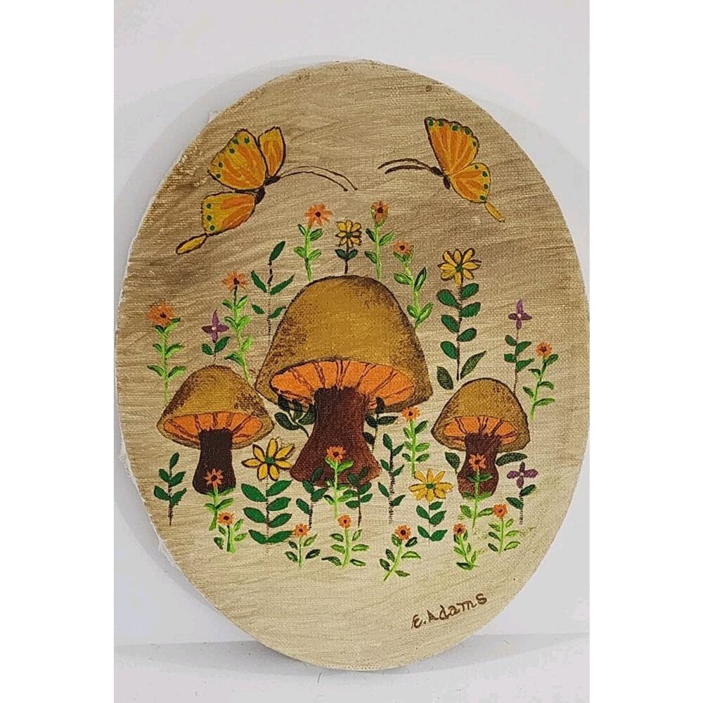 Vintage Mushroom Painting Canvas 1970s Cottagecore Hippie 8x10 Signed E. Adams